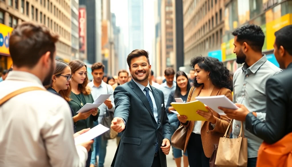 Job seekers discussing new york jobs opportunities in a lively NYC setting.