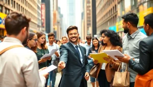 Job seekers discussing new york jobs opportunities in a lively NYC setting.