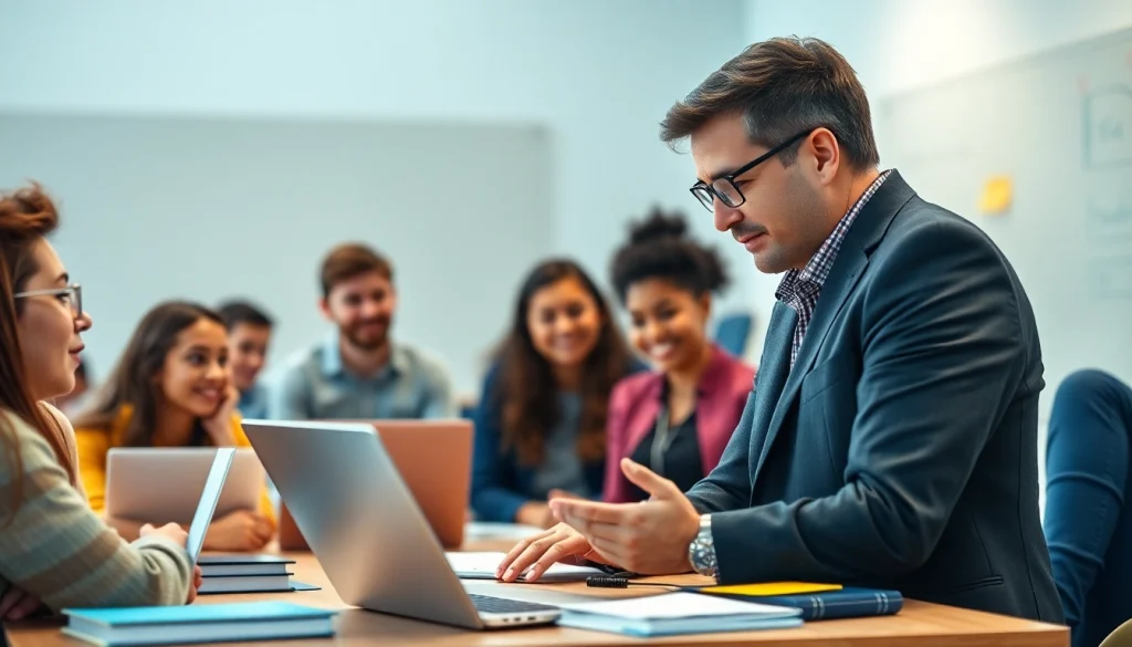 Engaging Education scene with a teacher and students collaborating creatively.