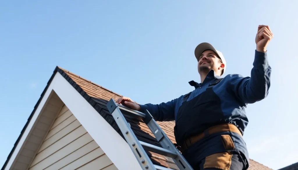 Professional roofing services in action with a contractor inspecting a roof, showcasing quality craftsmanship.
