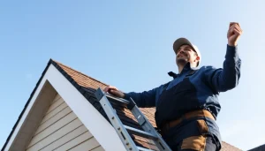 Professional roofing services in action with a contractor inspecting a roof, showcasing quality craftsmanship.