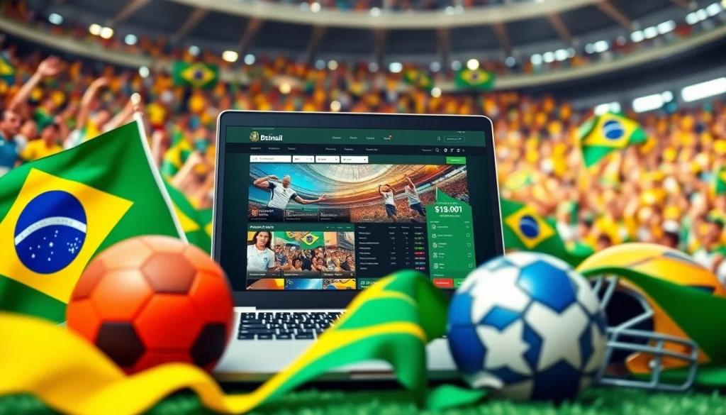 Engaging visual of the best sports betting sites Brazil with vibrant flags and a laptop featuring betting pages.