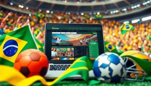Engaging visual of the best sports betting sites Brazil with vibrant flags and a laptop featuring betting pages.
