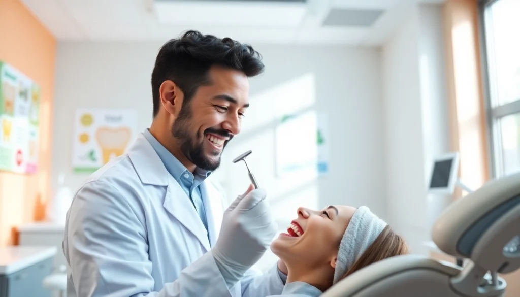 Dentist examining a patient's teeth in a modern dental clinic.