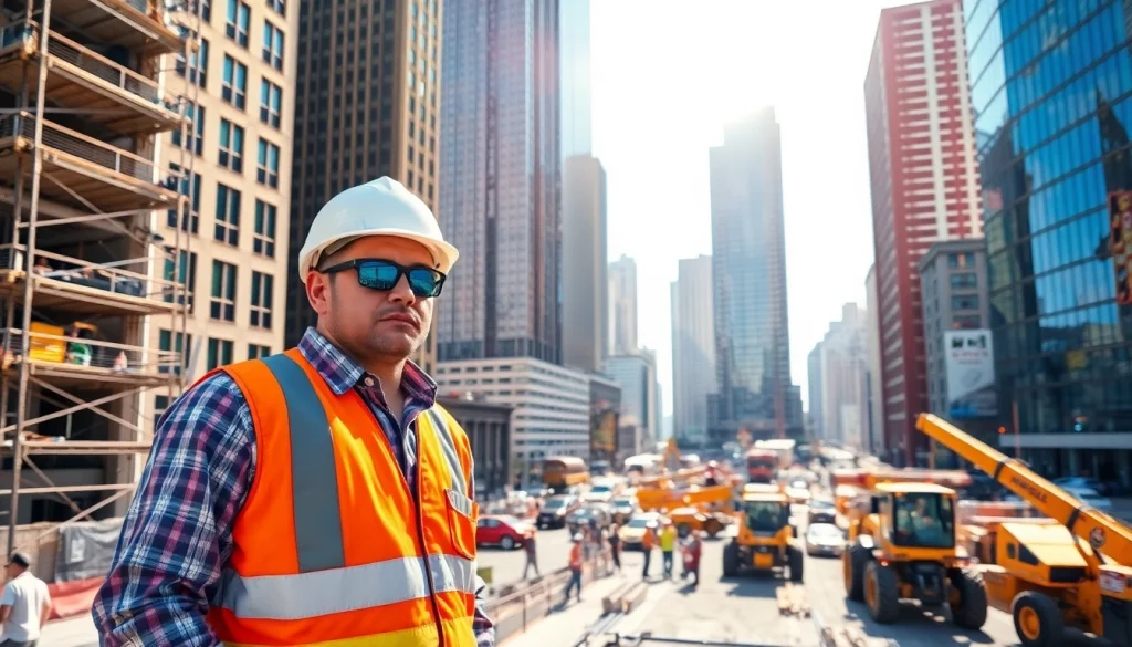 New York City General Contractor managing an urban construction site with professionals at work.