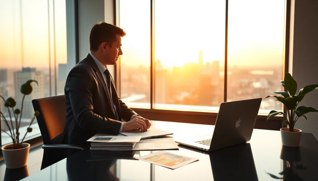 Real Estate agent advising clients in a modern office with city views.