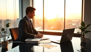 Real Estate agent advising clients in a modern office with city views.