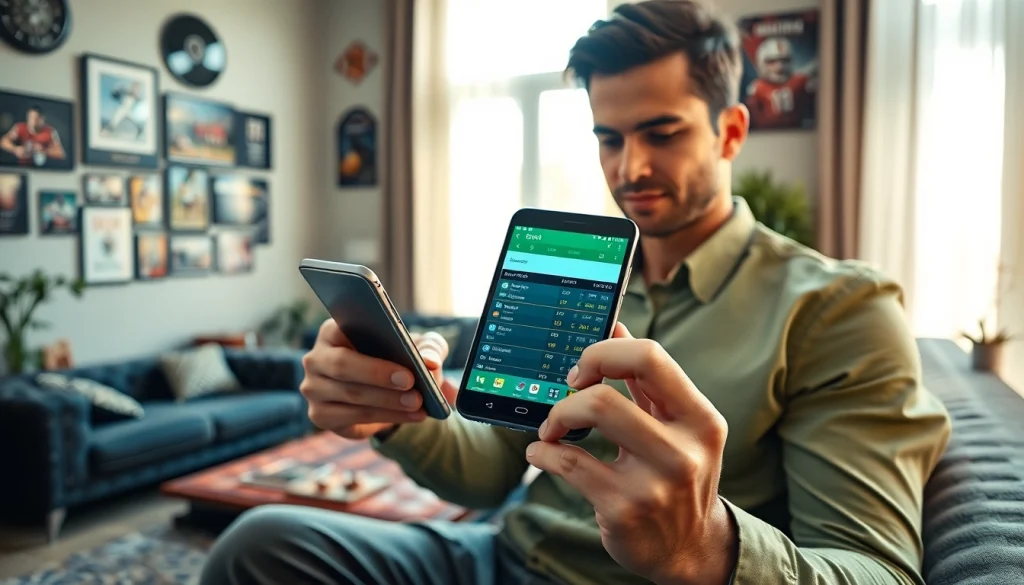 Betting on online sportsbooks India through a smartphone in a stylish living space.