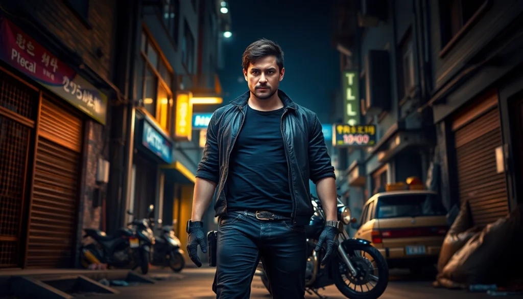 Explore an intense scene depicting a character representing Better than Reacher with dramatic urban elements.