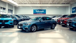 Buy a car in a vibrant dealership featuring a variety of vehicles on display.