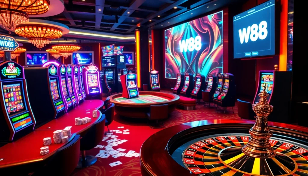 Experience the excitement of the casino with the w88 link showcased in a vibrant gambling scene.