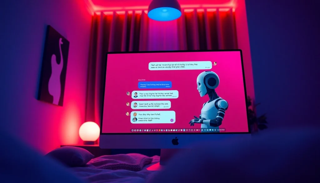 Intimate sex chat AI interaction in a modern virtual environment with a friendly character.