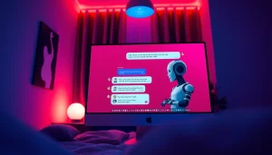 Intimate sex chat AI interaction in a modern virtual environment with a friendly character.