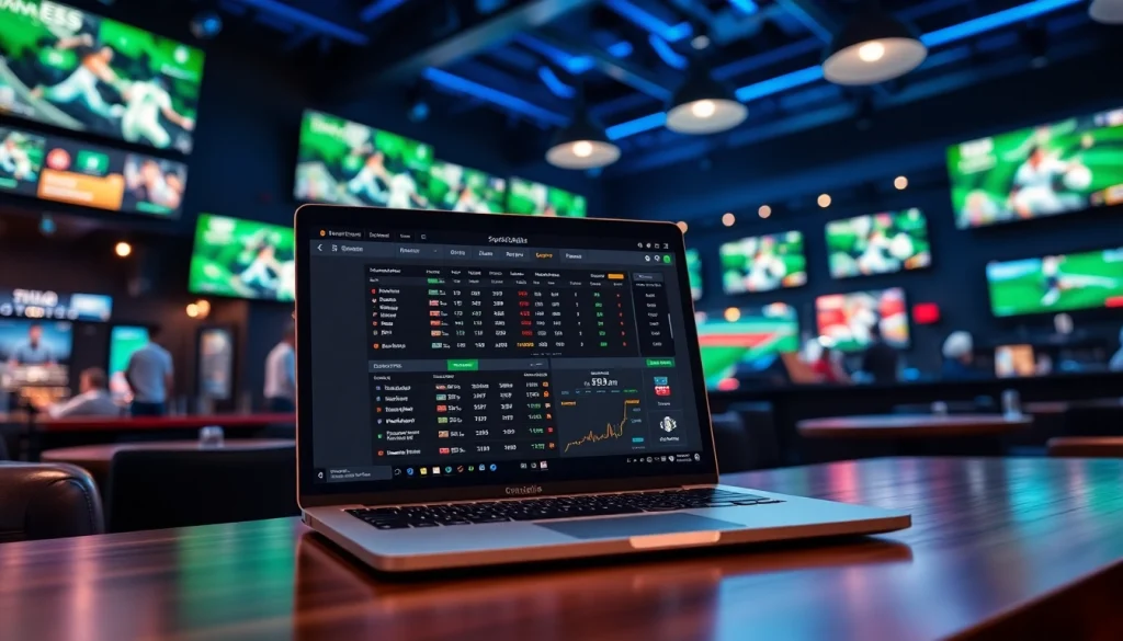 Engaged user exploring online sportsbooks Canada with betting odds displayed on a laptop in a vibrant sports bar.