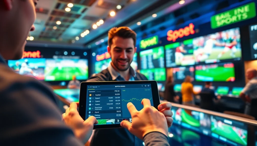 Engaged bettor exploring online sportsbooks Georgia on a modern device with vibrant sports visuals.