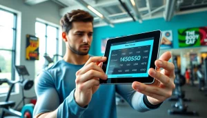 Calculate body fat percentage calculator in a vibrant gym setting with fitness enthusiast.