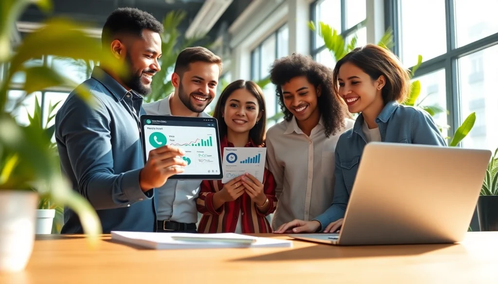 Collaborative team discussing WhatsApp Smart CRM features in a modern office setting.