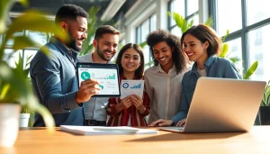 Collaborative team discussing WhatsApp Smart CRM features in a modern office setting.