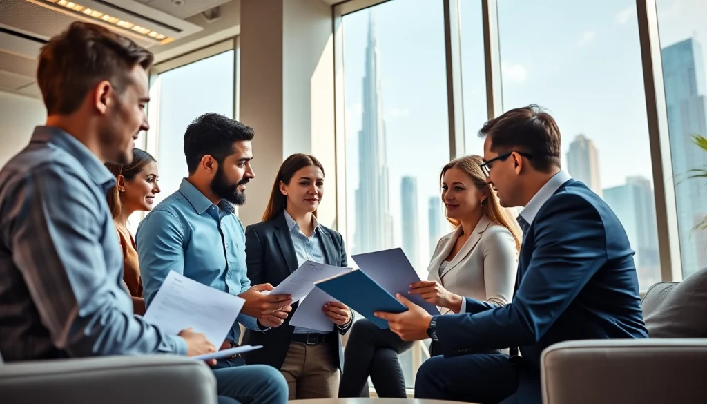 Business Consultants in Dubai collaborating in a vibrant, modern office with a view of the city's skyline.
