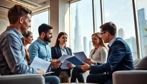 Business Consultants in Dubai collaborating in a vibrant, modern office with a view of the city's skyline.