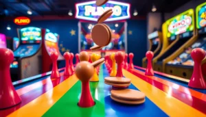 Mencoba plinko demo dengan cepat dan penuh warna yang menarik di latar belakang arcade.