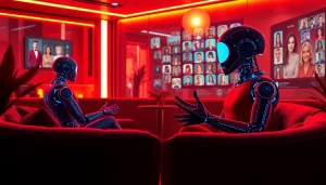 Engaging scene showcasing AI chat interactions in a cozy virtual lounge, illustrating sex chat AI.