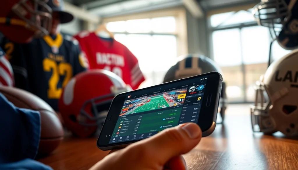 Engaging user interface showcasing online sportsbooks California on a smartphone amidst sports memorabilia.
