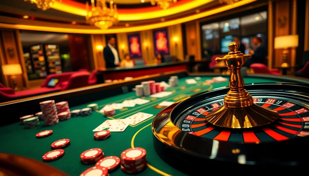 A thrilling casino scene highlighting gà 6789 with vibrant chips, cards, and a spinning roulette wheel.