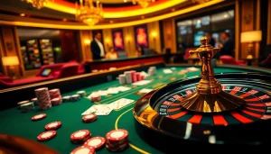 A thrilling casino scene highlighting gà 6789 with vibrant chips, cards, and a spinning roulette wheel.