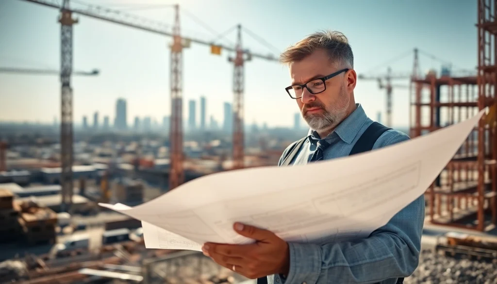 Manhattan Construction Manager analyzing plans at a vibrant construction site, showcasing expertise.