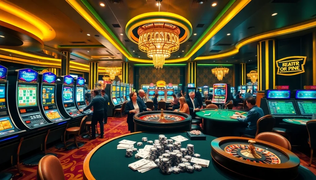 Experience the excitement of cara daftar Naga169 at a luxurious casino with vibrant slot machines and lively players.