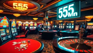 Engaging scene of players winning at 555win casino tables with vibrant cards and chips.