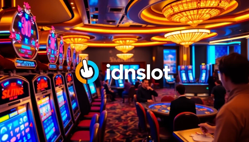 Players enjoying the thrills of idnslot gaming amid a vibrant casino atmosphere.