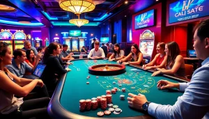 Players enjoy the excitement of BK8 เว็บตรง at a vibrant casino table filled with chips and cards.