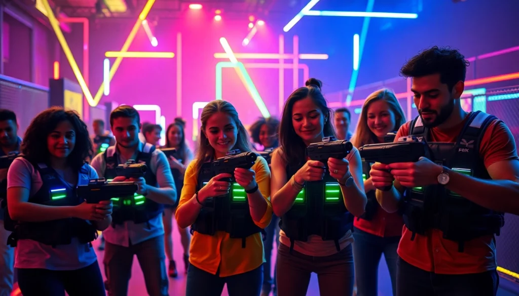 Participants enjoying an energetic Laser tag game in a neon-lit arena with vibrant obstacles.