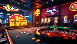 Nohu90 engaging gamers with an inviting online casino experience showcasing vibrant slot machines and a roulette wheel.