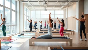 台東区のスタジオでピラティスに取り組む参加者たち