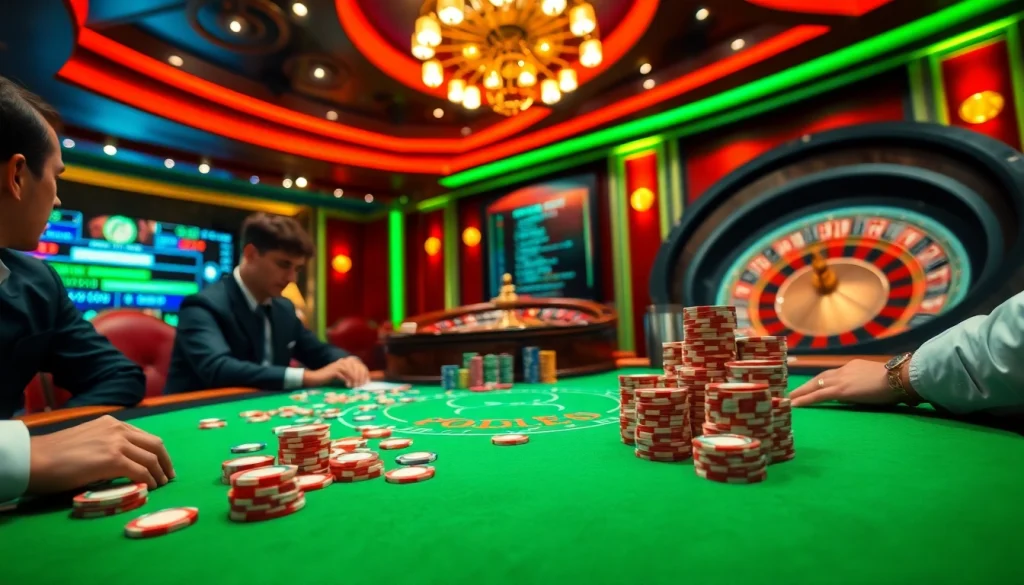 DOLA789 poker game in a luxurious casino with vibrant chips and a roulette wheel.