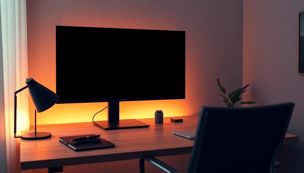 Black screen on a modern workspace monitor promoting focus and relaxation in a professional setting.