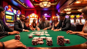 Players enjoying game bài vua99 at an upscale casino, showcasing poker skills and excitement.