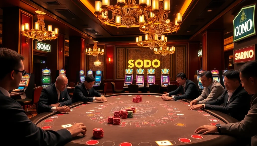 SODO casino players strategizing at an upscale poker table, surrounded by luxurious slot machines.