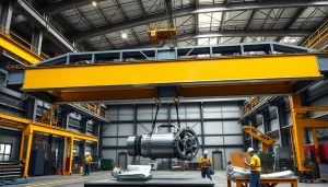 Double girder bridge crane lifting machinery in a modern industrial environment.