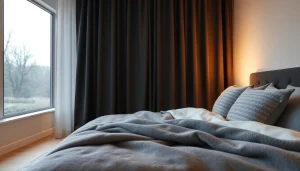 Verduisterende gordijnen creëren een rustige slaapkamer met zachte verlichting en luxe texturen.