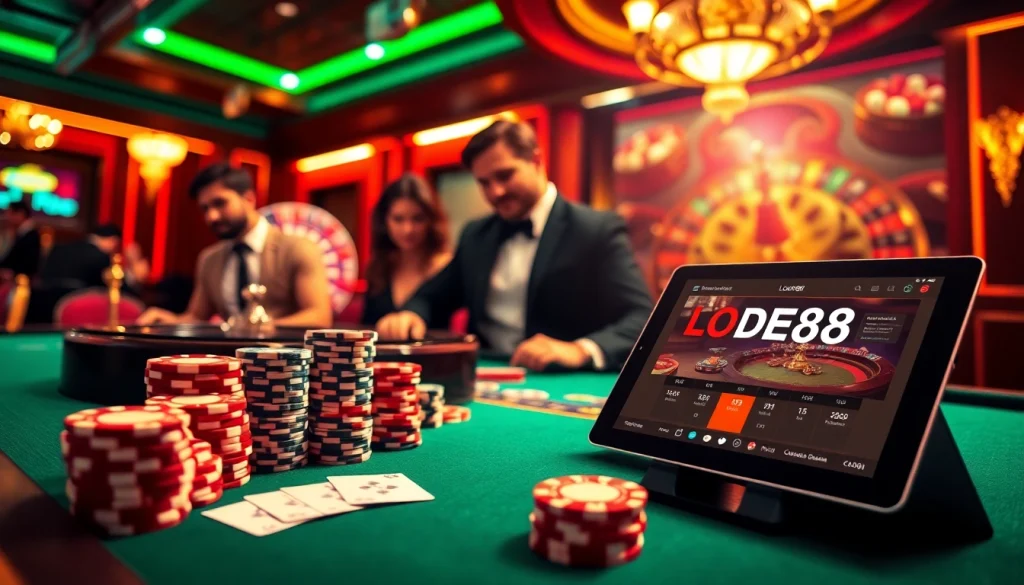 LODE88 poker table scene depicting strategic game play with chips and cards under warm casino lights.