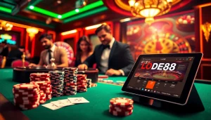 LODE88 poker table scene depicting strategic game play with chips and cards under warm casino lights.