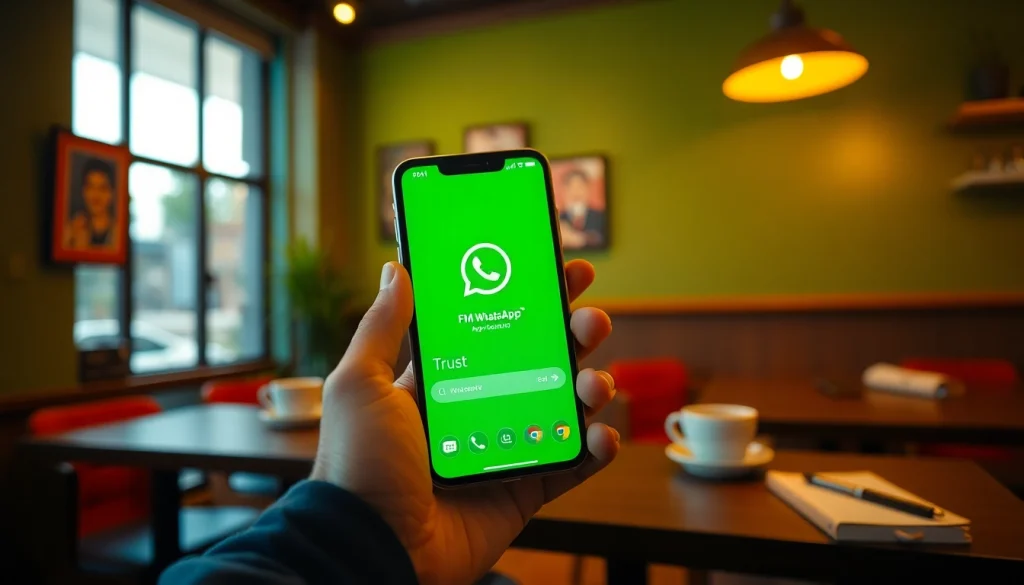 Showcase FM WhatsApp app on a smartphone in a vibrant cafe setting, highlighting advanced features.