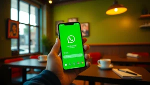 Showcase FM WhatsApp app on a smartphone in a vibrant cafe setting, highlighting advanced features.