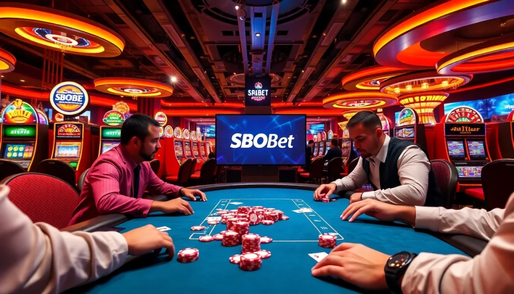 SBOBet offers professional poker action with experienced players surrounded by vibrant casino gaming elements.