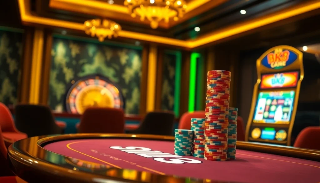 BK8 เว็บตรง poker table with colorful chips and modern casino elements creating an inviting and exciting gambling atmosphere.