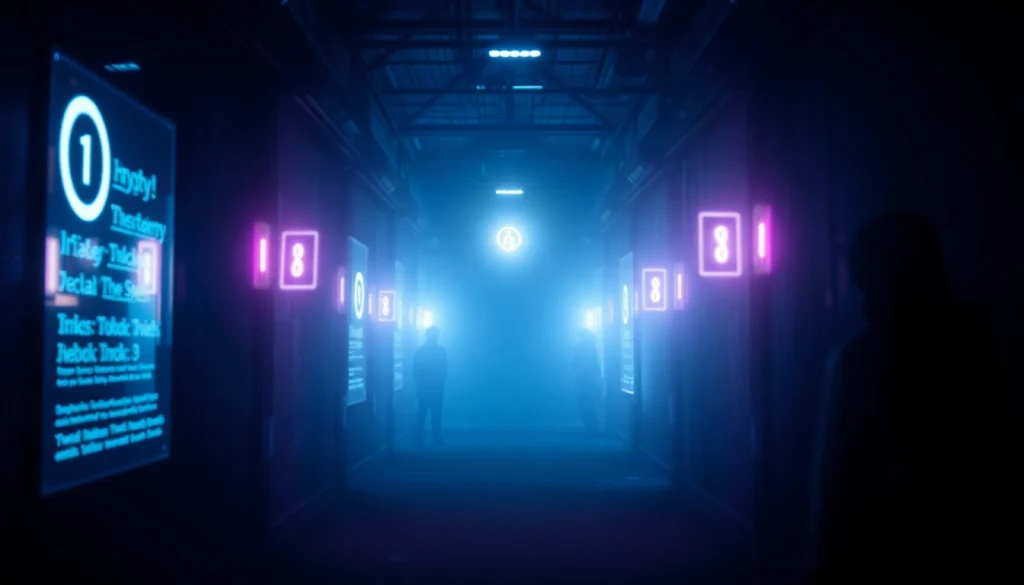 Illustration representing the hidden wiki dark web with glowing .onion links in a mysterious alleyway.